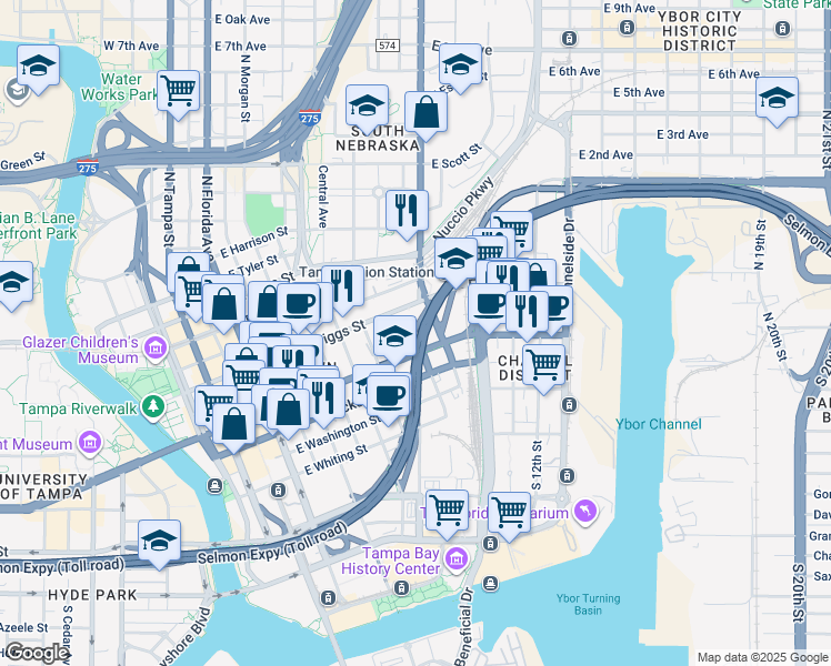 map of restaurants, bars, coffee shops, grocery stores, and more near East Madison Street in Tampa