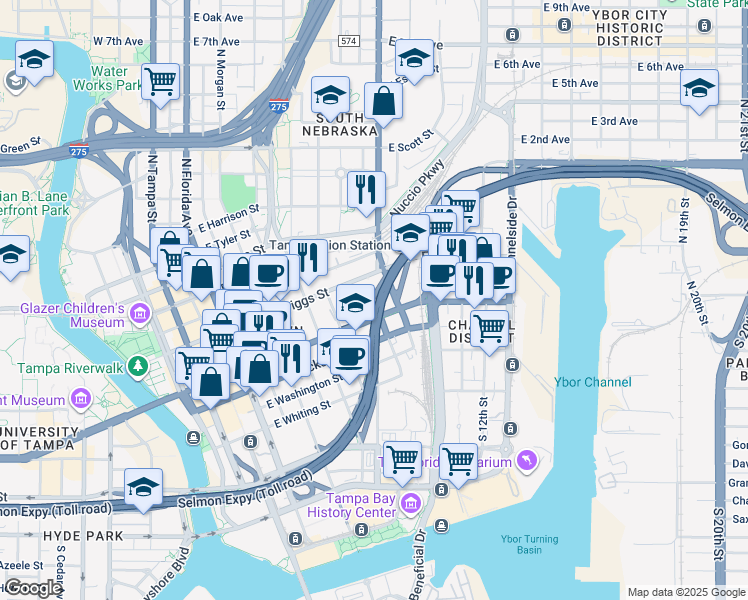 map of restaurants, bars, coffee shops, grocery stores, and more near East Madison Street in Tampa