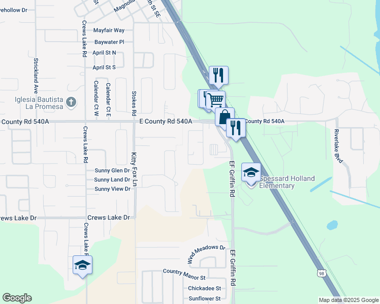 map of restaurants, bars, coffee shops, grocery stores, and more near 6398 Alabama Avenue in Lakeland