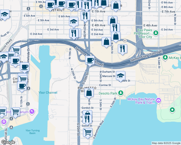 map of restaurants, bars, coffee shops, grocery stores, and more near 2206 Durham Street in Tampa