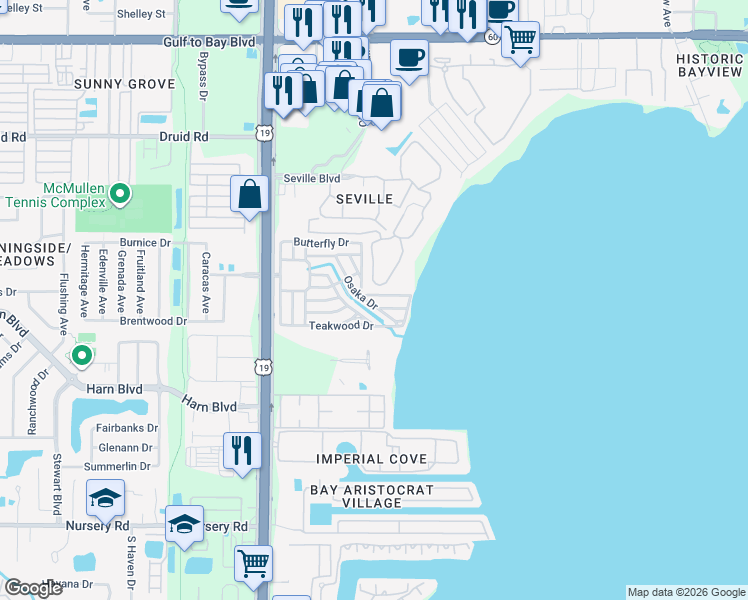 map of restaurants, bars, coffee shops, grocery stores, and more near 2678 Rickshaw Drive in Clearwater