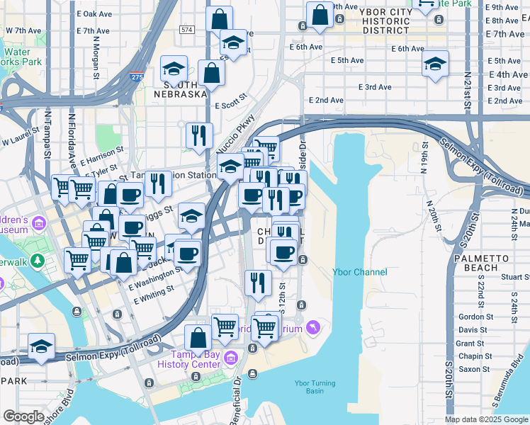map of restaurants, bars, coffee shops, grocery stores, and more near in Tampa