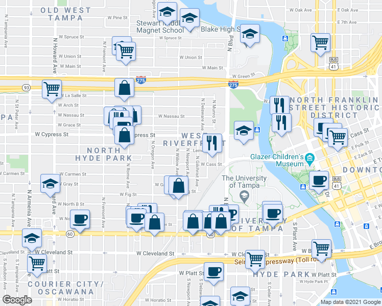 map of restaurants, bars, coffee shops, grocery stores, and more near 1113 Lemon Street in Tampa