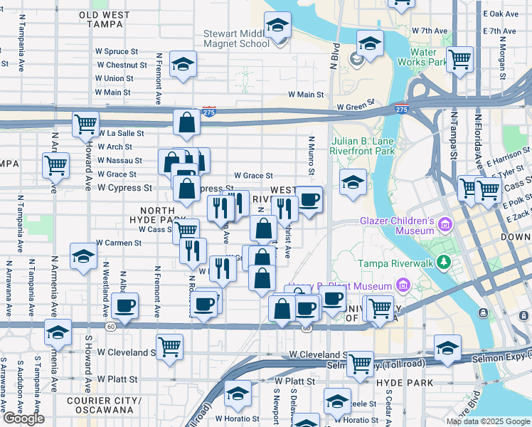 map of restaurants, bars, coffee shops, grocery stores, and more near 1306 West State Street in Tampa