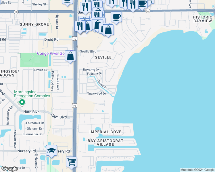 map of restaurants, bars, coffee shops, grocery stores, and more near 2678 Rickshaw Drive in Clearwater