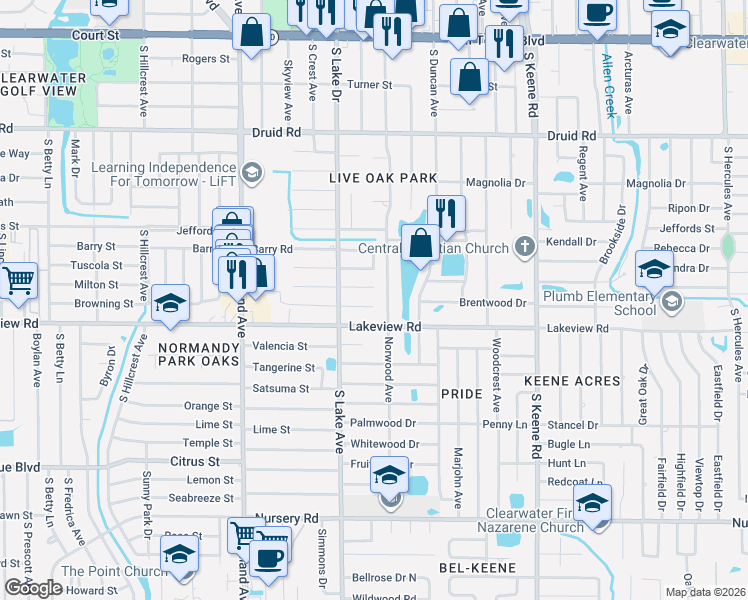map of restaurants, bars, coffee shops, grocery stores, and more near 1631 Illinois Road in Clearwater