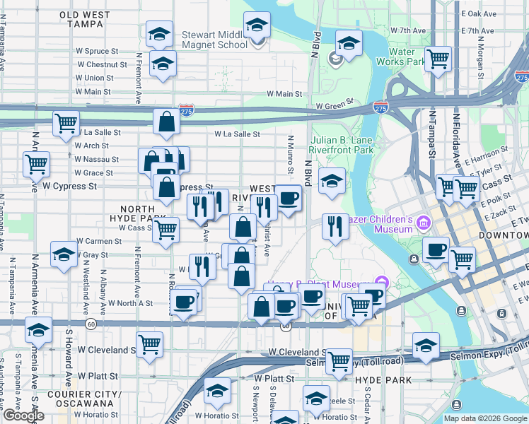 map of restaurants, bars, coffee shops, grocery stores, and more near in Tampa