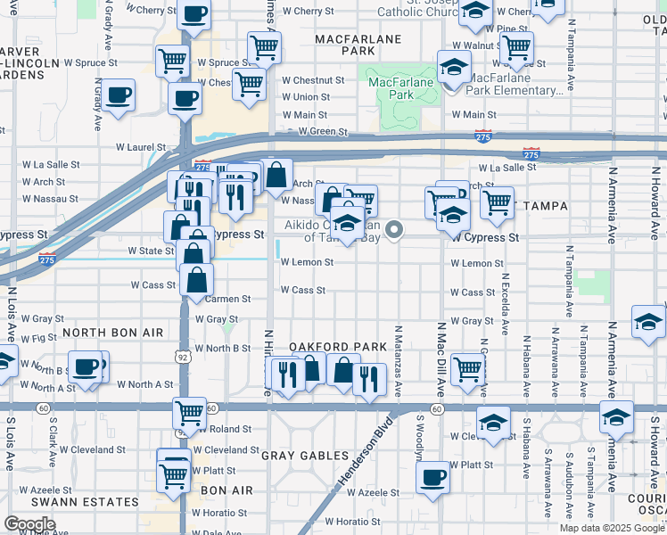map of restaurants, bars, coffee shops, grocery stores, and more near 3312 West Lemon Street in Tampa