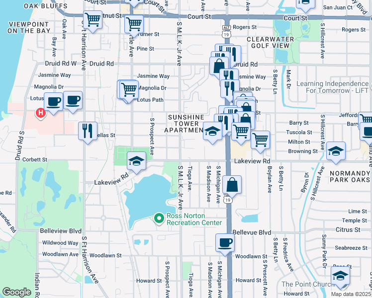 map of restaurants, bars, coffee shops, grocery stores, and more near 1102 Tuskawilla Drive in Clearwater