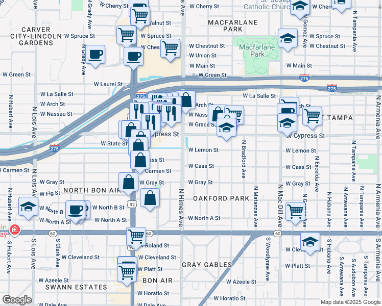 map of restaurants, bars, coffee shops, grocery stores, and more near 3418 West Lemon Street in Tampa