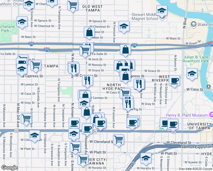 map of restaurants, bars, coffee shops, grocery stores, and more near 1922 West State Street in Tampa