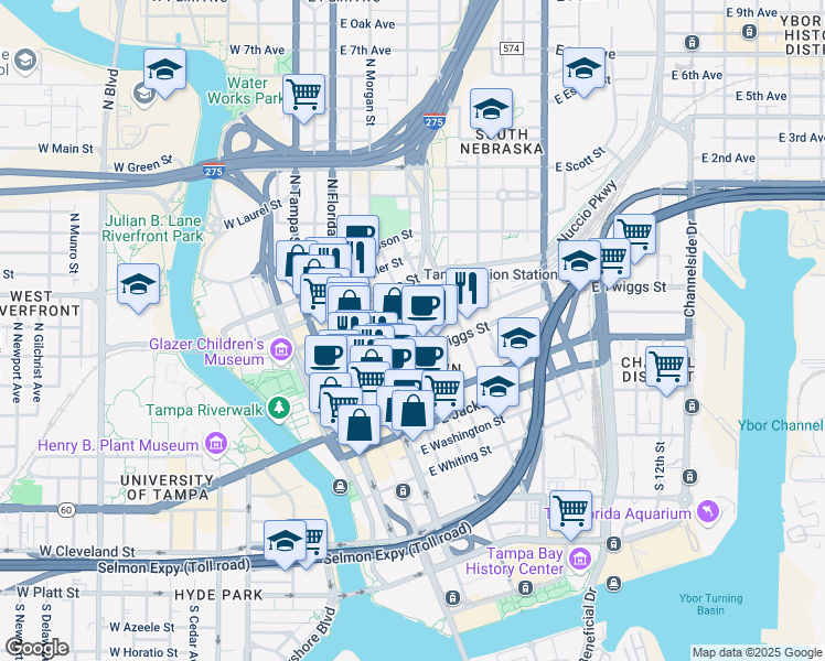 map of restaurants, bars, coffee shops, grocery stores, and more near 601 East Zack Street in Tampa
