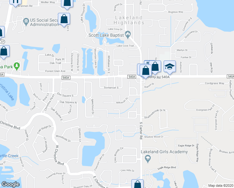 map of restaurants, bars, coffee shops, grocery stores, and more near 6311 Highland Gardens Court in Lakeland