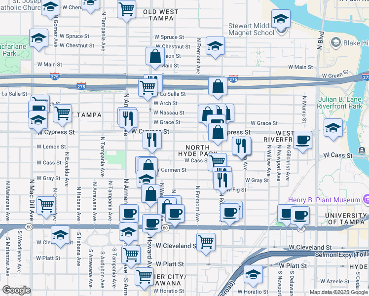 map of restaurants, bars, coffee shops, grocery stores, and more near 1922 West State Street in Tampa