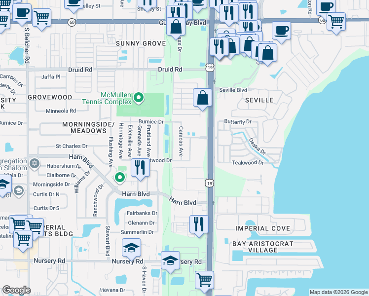 map of restaurants, bars, coffee shops, grocery stores, and more near 1261 Caracas Avenue in Clearwater