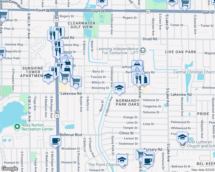 map of restaurants, bars, coffee shops, grocery stores, and more near 1371 Milton Street in Clearwater