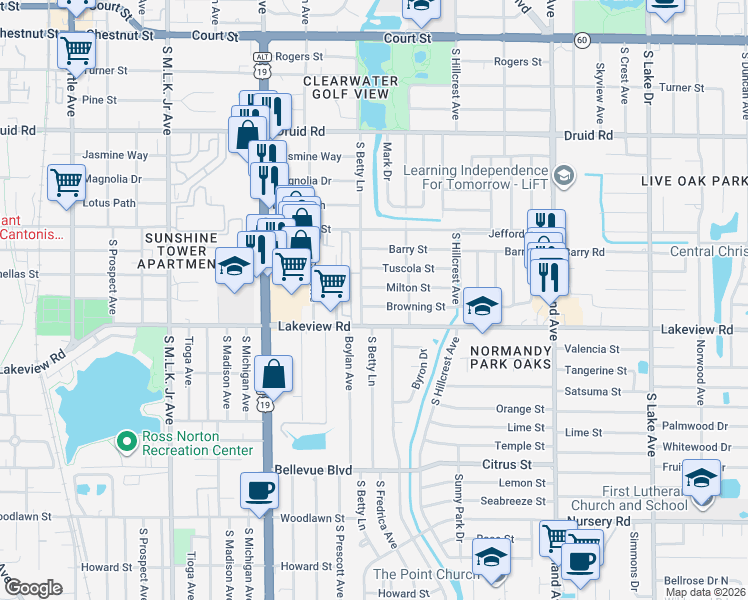 map of restaurants, bars, coffee shops, grocery stores, and more near 311 South Betty Lane in Clearwater