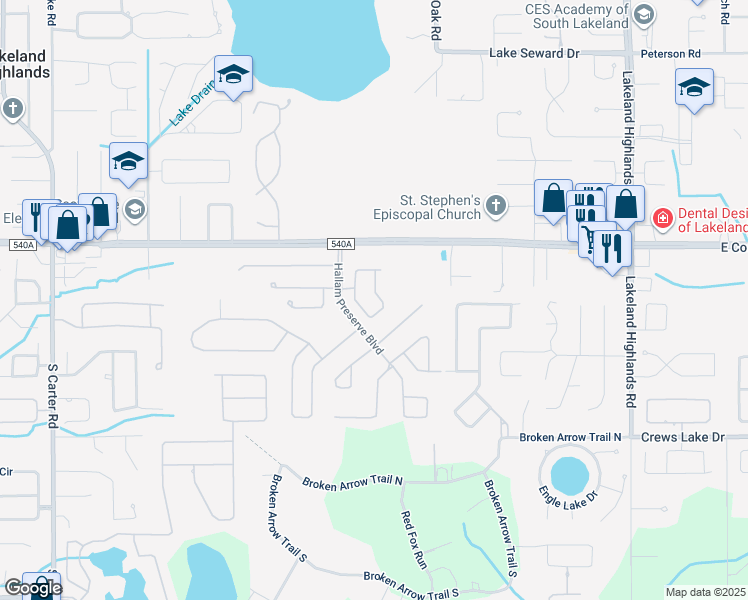 map of restaurants, bars, coffee shops, grocery stores, and more near 6289 Silver Leaf Lane in Lakeland