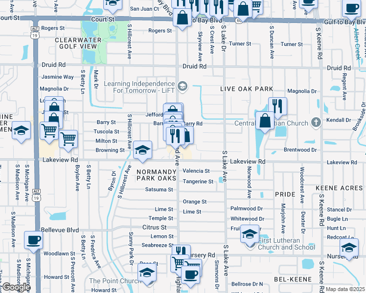 map of restaurants, bars, coffee shops, grocery stores, and more near 1269 South Highland Avenue in Clearwater