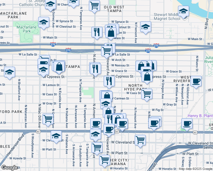 map of restaurants, bars, coffee shops, grocery stores, and more near 800 North Howard Avenue in Tampa