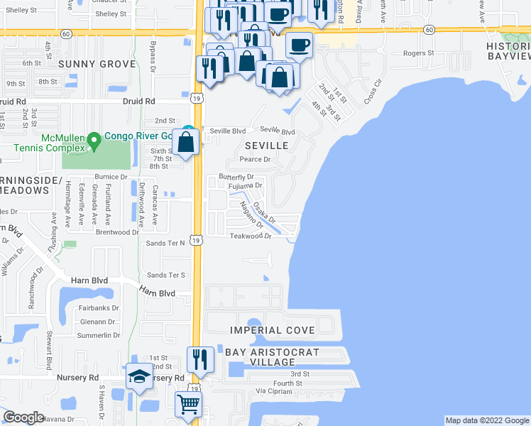 map of restaurants, bars, coffee shops, grocery stores, and more near 2657 Osaka Drive in Clearwater