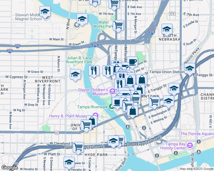 map of restaurants, bars, coffee shops, grocery stores, and more near 900 North Ashley Drive in Tampa