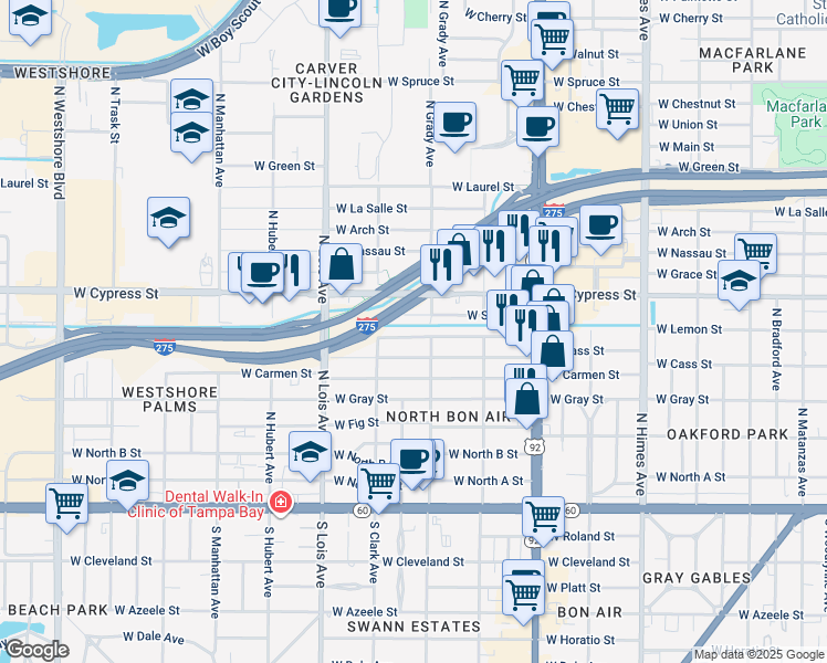 map of restaurants, bars, coffee shops, grocery stores, and more near 4007 West Lemon Street in Tampa