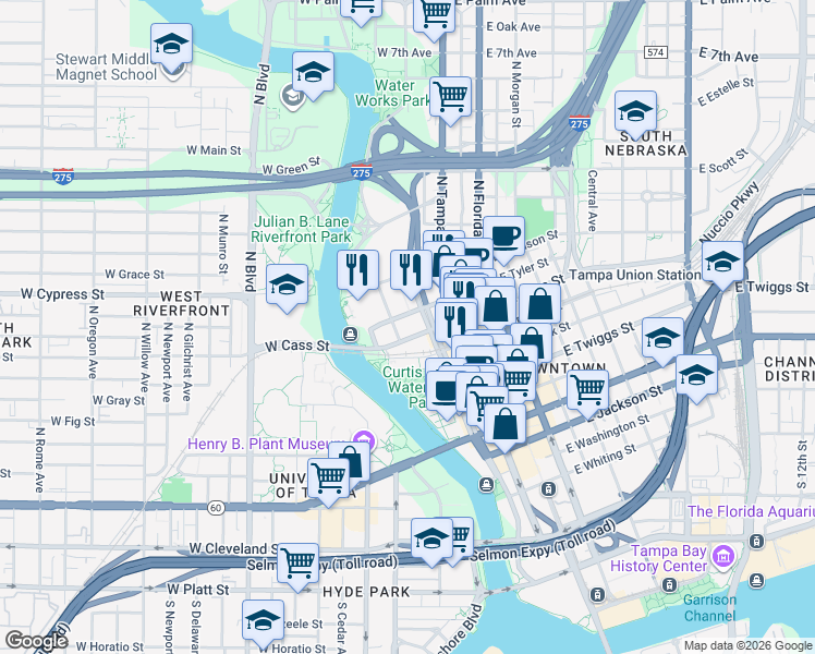 map of restaurants, bars, coffee shops, grocery stores, and more near 900 North Ashley Drive in Tampa