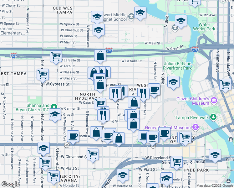 map of restaurants, bars, coffee shops, grocery stores, and more near 807 North Oregon Avenue in Tampa