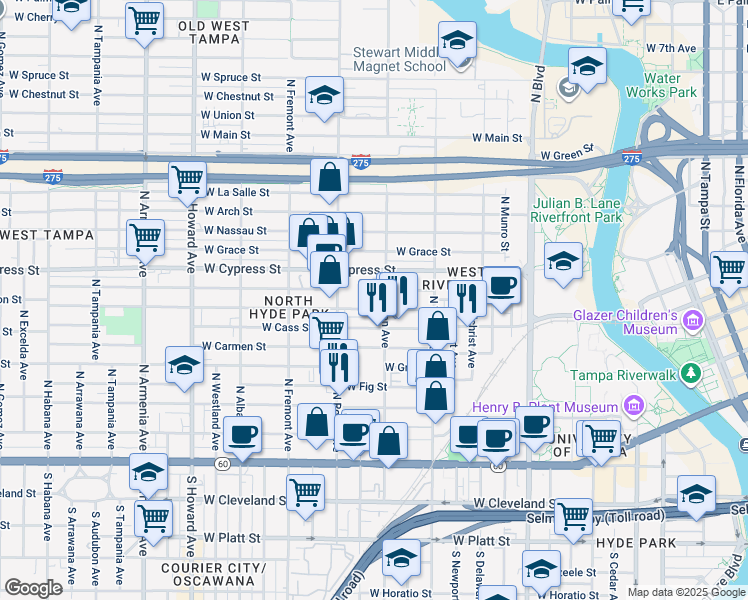 map of restaurants, bars, coffee shops, grocery stores, and more near 807 North Oregon Avenue in Tampa