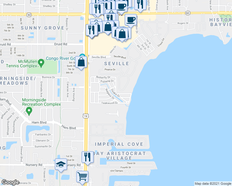 map of restaurants, bars, coffee shops, grocery stores, and more near 2657 Osaka Drive in Clearwater