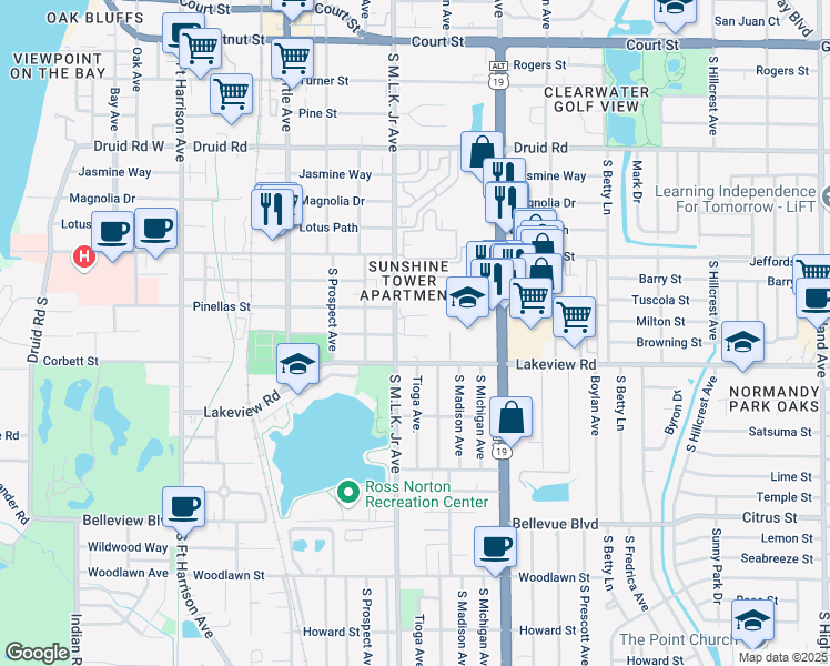 map of restaurants, bars, coffee shops, grocery stores, and more near 1102 Tuskawilla Drive in Clearwater
