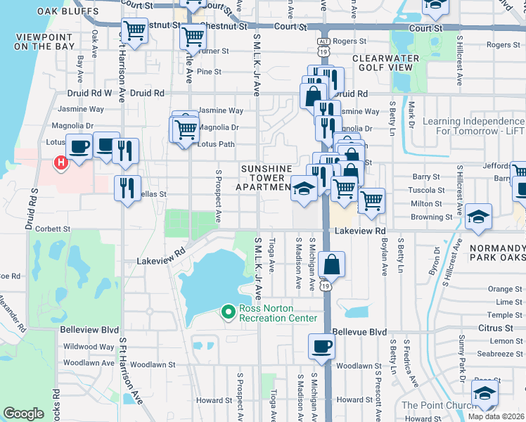 map of restaurants, bars, coffee shops, grocery stores, and more near 1102 Tuskawilla Drive in Clearwater
