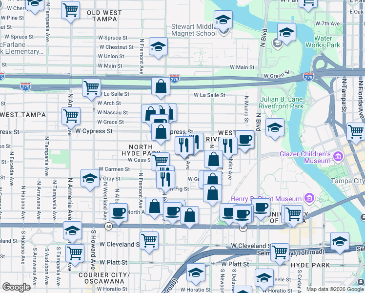 map of restaurants, bars, coffee shops, grocery stores, and more near 807 North Oregon Avenue in Tampa