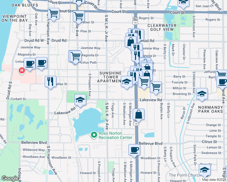 map of restaurants, bars, coffee shops, grocery stores, and more near 1102 Tuskawilla Drive in Clearwater