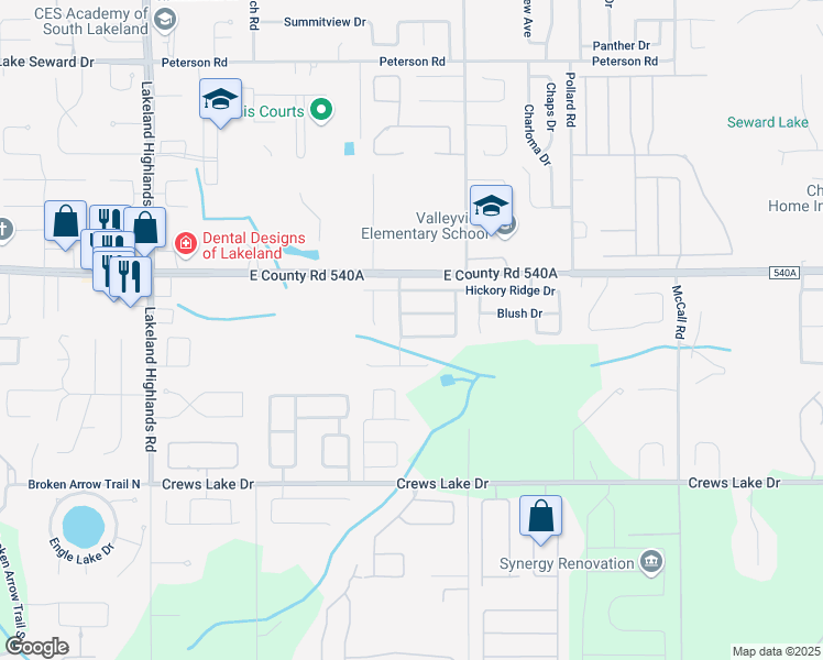 map of restaurants, bars, coffee shops, grocery stores, and more near 2672 Pine Brush Drive in Lakeland