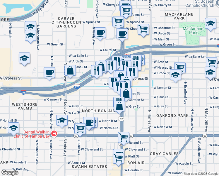 map of restaurants, bars, coffee shops, grocery stores, and more near 3823 West Lemon Street in Tampa