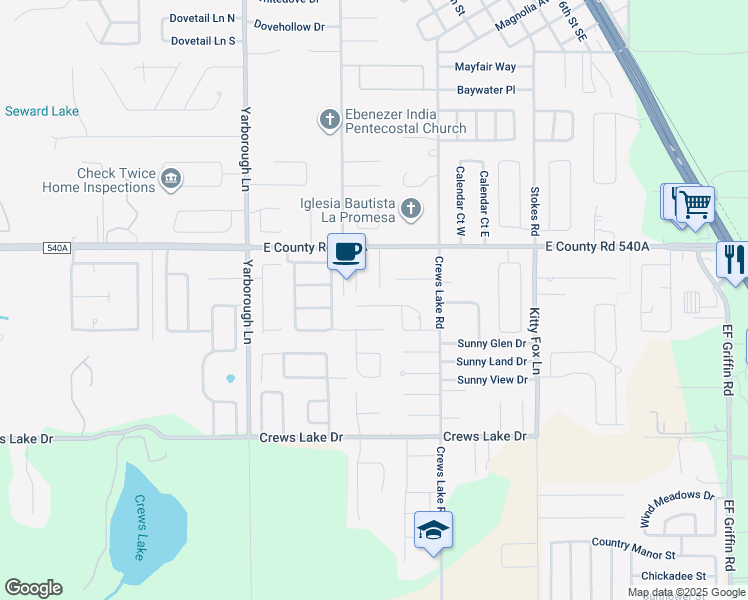 map of restaurants, bars, coffee shops, grocery stores, and more near 3936 Lehman Court in Lakeland