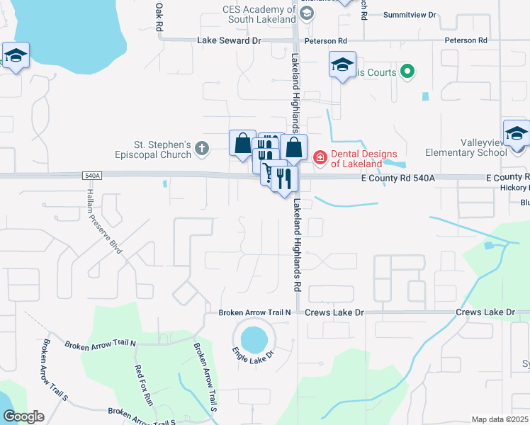 map of restaurants, bars, coffee shops, grocery stores, and more near 6304 Timucuans Drive in Lakeland