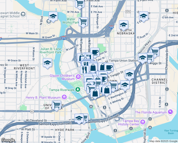 map of restaurants, bars, coffee shops, grocery stores, and more near 808 North Franklin Street in Tampa