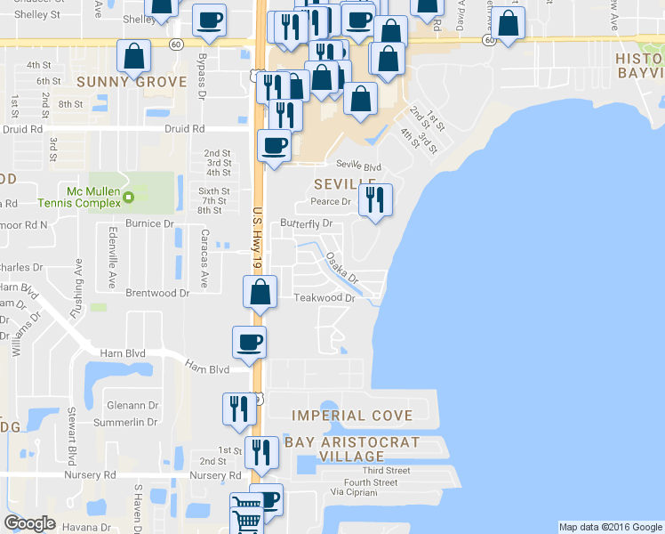 map of restaurants, bars, coffee shops, grocery stores, and more near 2657 Osaka Drive in Clearwater