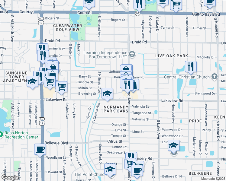 map of restaurants, bars, coffee shops, grocery stores, and more near 1255 Pineview Avenue in Clearwater