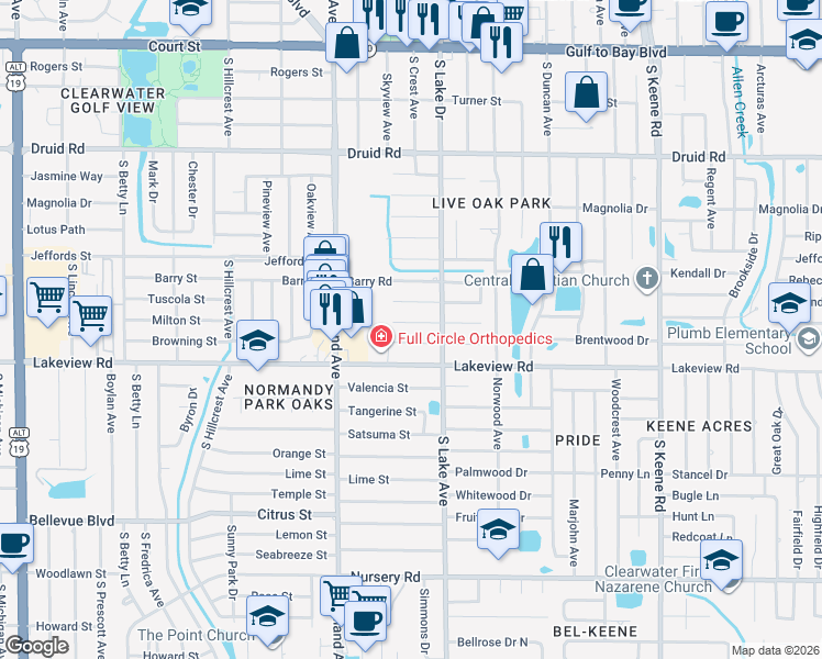 map of restaurants, bars, coffee shops, grocery stores, and more near 1535 Illinois Road in Clearwater