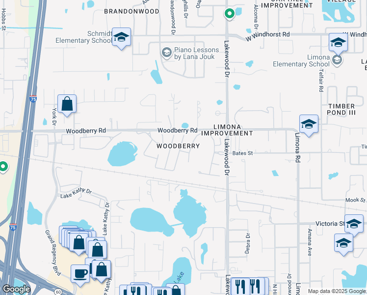 map of restaurants, bars, coffee shops, grocery stores, and more near 739 Straw Lake Drive in Brandon