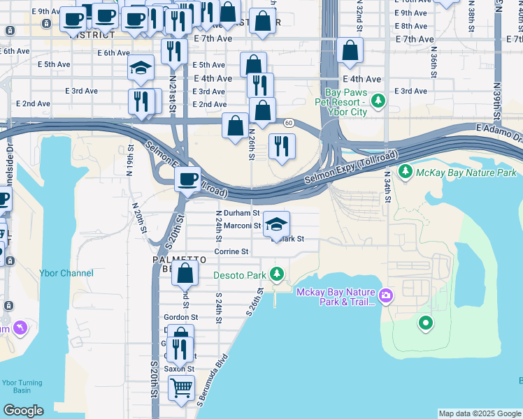map of restaurants, bars, coffee shops, grocery stores, and more near 2610 Durham Street in Tampa