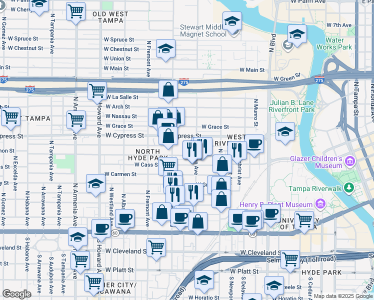 map of restaurants, bars, coffee shops, grocery stores, and more near 1531 West Lemon Street in Tampa