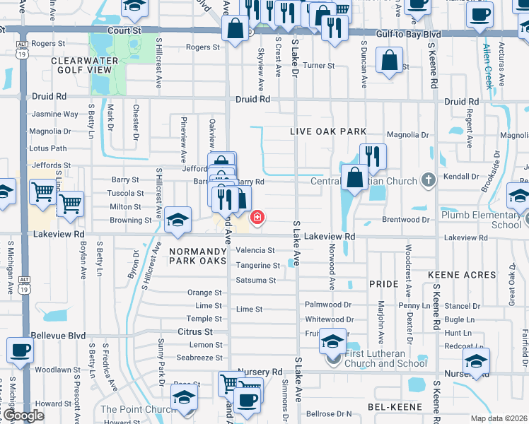 map of restaurants, bars, coffee shops, grocery stores, and more near 1535 Illinois Road in Clearwater