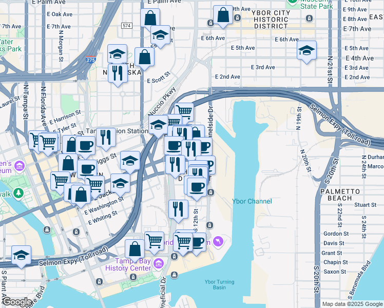 map of restaurants, bars, coffee shops, grocery stores, and more near in Tampa