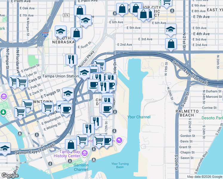 map of restaurants, bars, coffee shops, grocery stores, and more near 1112 Channelside Drive in Tampa