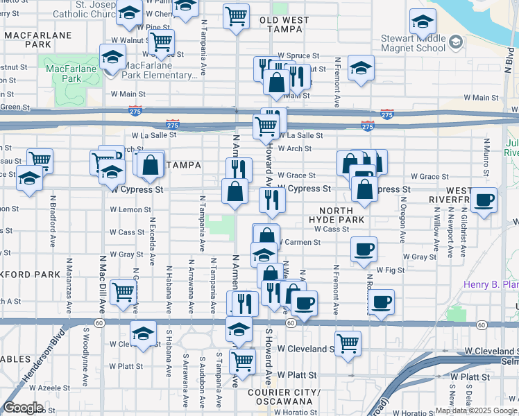 map of restaurants, bars, coffee shops, grocery stores, and more near 808 North Howard Avenue in Tampa